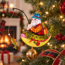 Santa Fishing on Boat Glass Christmas Ornament