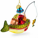 Santa Fishing on Boat Glass Christmas Ornament