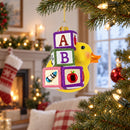 Educational Yellow Duck with ABC Blocks Glass Christmas Ornament
