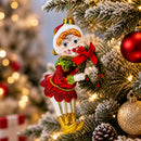 Smiling Elf with Red Bow Wreath Glass Christmas Ornament