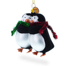 Penguin Couple in Love Blown Glass Christmas Ornament