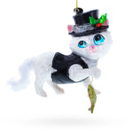 Mysterious Cat in Black Costume Holding Fish Glass Christmas Ornament