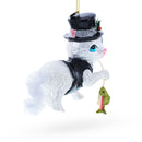 Mysterious Cat in Black Costume Holding Fish Glass Christmas Ornament