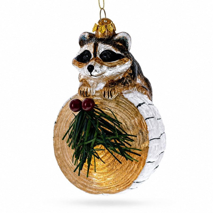 Raccoon on the Log Glass Christmas Ornament