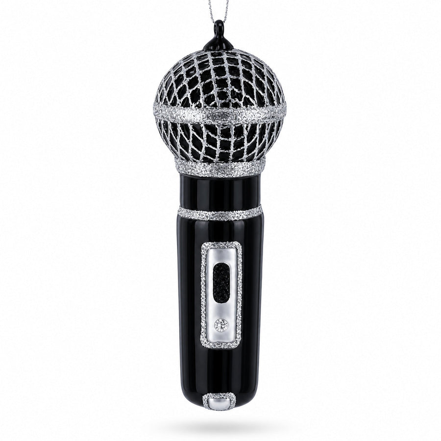 Black Microphone Glass Christmas Ornament