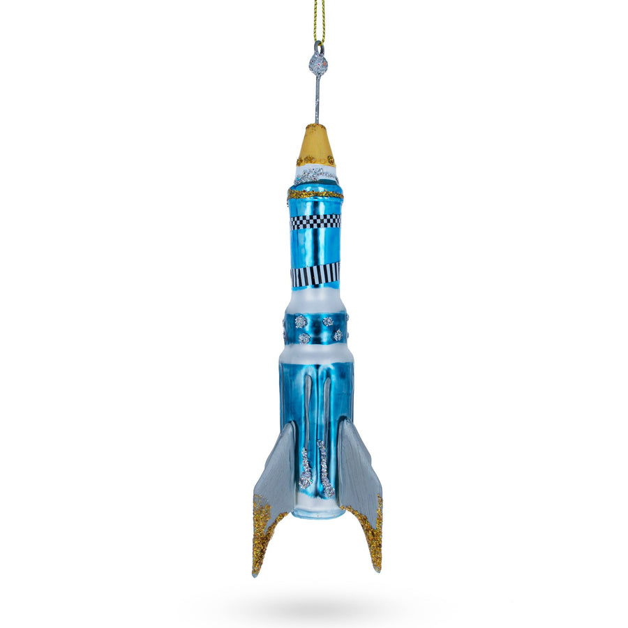 Blue Rocket Space Shuttle Glass Christmas Ornament