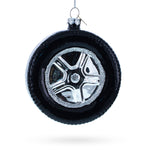 Sleek Black Car Wheel Blown Glass Christmas Ornament