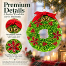 Holiday Wreath with Red Bow and Bells Glass Christmas Ornament