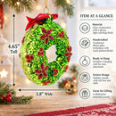 Holiday Wreath with Red Bow and Bells Glass Christmas Ornament