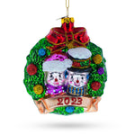 Joyful 2023 Snowmen Couple in Wreath Blown Glass Christmas Ornament
