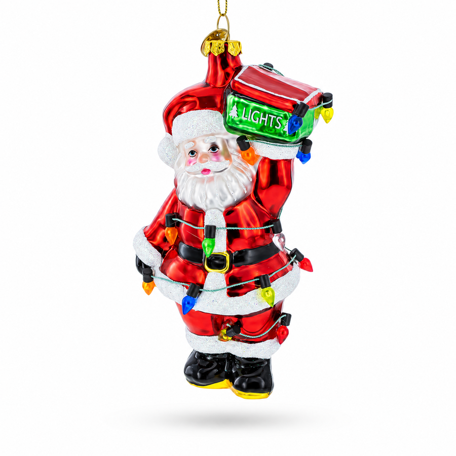 Santa with Festive Lights Glass Christmas Ornament