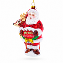 Santa with Reindeer with Sign Glass Christmas Ornament