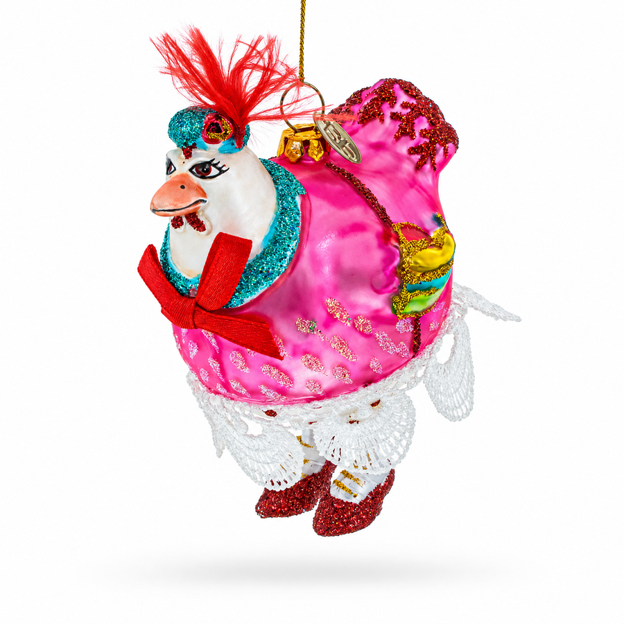 Hen in Dress Glass Christmas Ornament