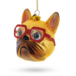 Hipster Bulldog in Red Glasses Glass Christmas Ornament