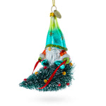 Gnome Adventurer Riding a Festive Tree Blown Glass Christmas Ornament