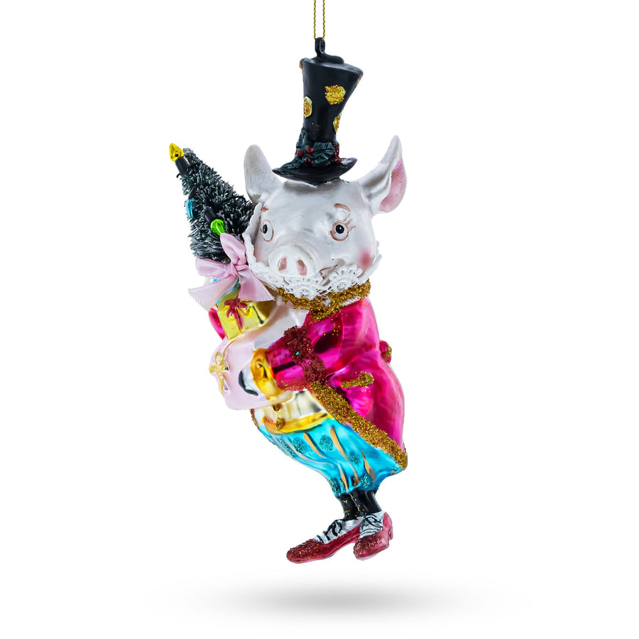 Vintage-Style Dapper Pig Glass Christmas Ornament
