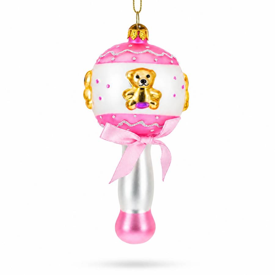 Delightful Baby Pink Rattle Glass Christmas Ornament