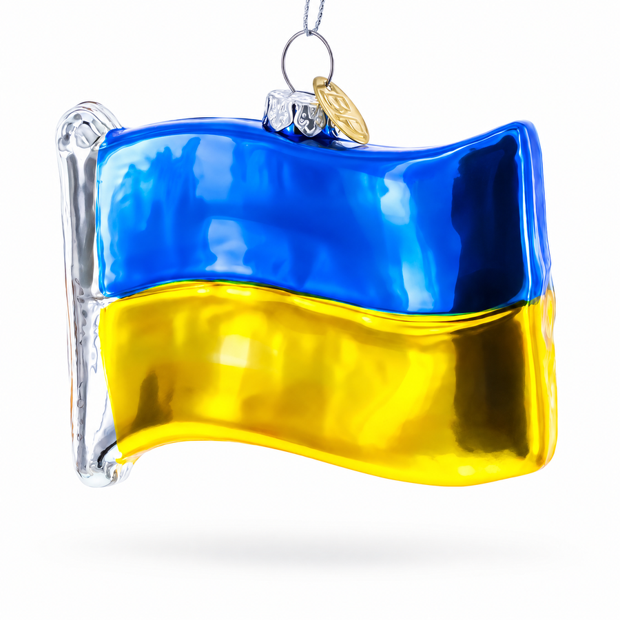 Waving Flag of Ukraine Glass Christmas Ornament