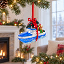 Boat with Tree and Present Glass Christmas Ornament