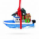 Boat with Tree and Present Glass Christmas Ornament