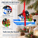 Boat with Tree and Present Glass Christmas Ornament