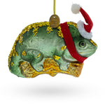 Chameleon in Santa Hat Blown Glass Christmas Ornament