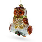 Wise Owl on Branch Blown Glass Christmas Ornament