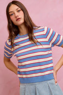 SO ME Stripe Knit Crew Neck Short Sleeves Sweater Top