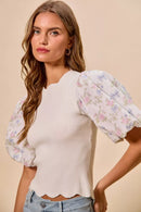 SO ME Floral Cotton Contrast Sleeves Scallop Sweater Top
