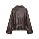 Elegant LapelneckLaceup Cropped Leather Jacket For Workwear