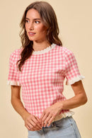 SO ME Gingham Knit Ruffled Short Sleeves Sweater Top