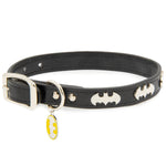 Vegan Leather Dog Collar - Batman Black with Bat Signal Embellishments & Metal Charm