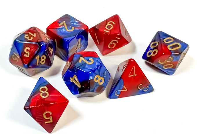 Gemini 2 Polyhedral Blue-Red w/Gold 7 Die Set