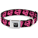 Superman Black Silver Seatbelt Buckle Collar - Diagonal Superman Logo w/Hearts Black/Pink