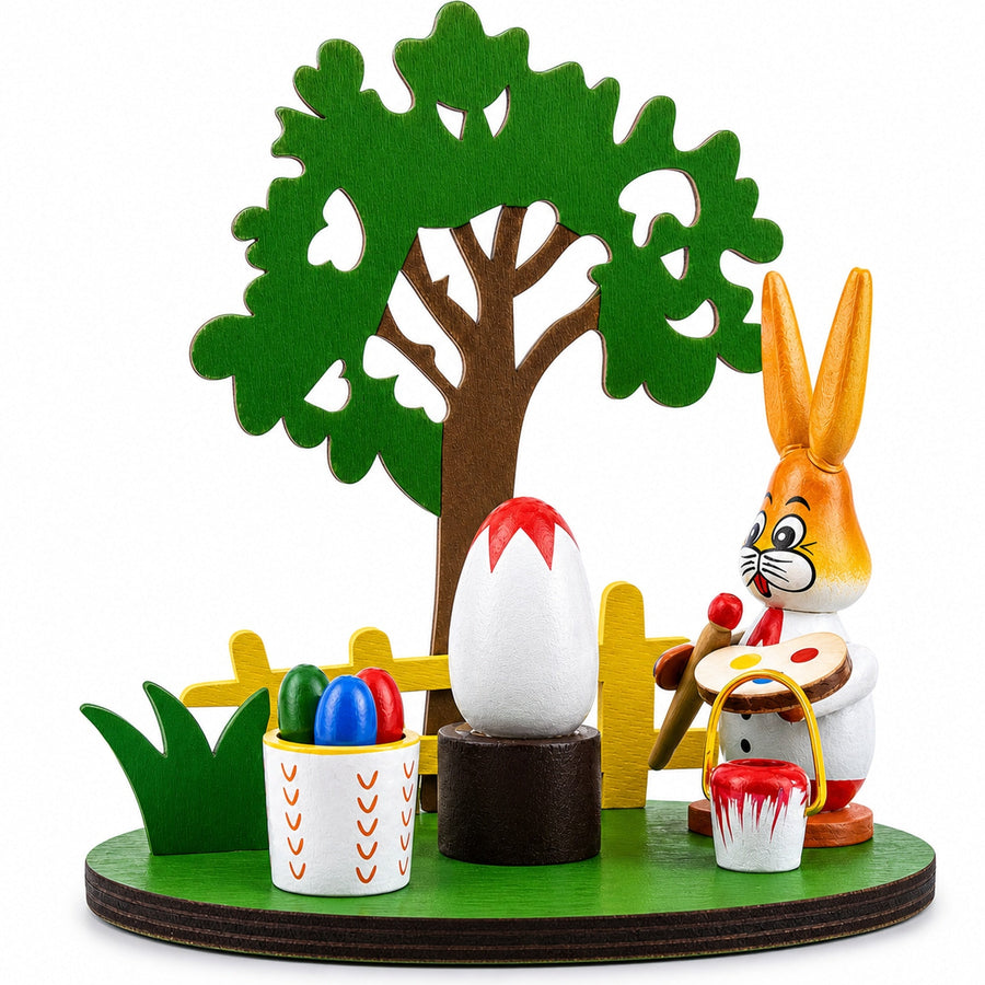 Wooden Bunny Figurine Decorating Easter Eggs Tabletop Scene 4.2 Inches Tall