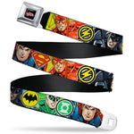 JUSTICE LEAGUE Star Logo Full Color Black Silver-Fade Red Seatbelt Belt - Justice League 4-Superhero CLOSE-UP Poses/Logos Webbing