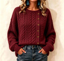 Womens Knitted Casual Comfortable Long-Sleeve T-Shirt With Buttons
