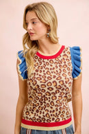BiBi 4th Of July Leopard Ruffled Detail Knit Top