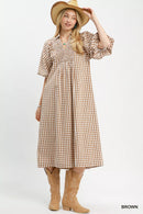 Umgee Puff Sleeve Plaid Midi Dress