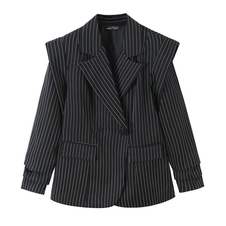 Striped Wide-shoulder Blazer For Women