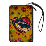 Canvas Zipper Wallet - LARGE - Studded WONDER WOMAN Heart STRENGTH AND BEAUTY Tattoo Roses Gold