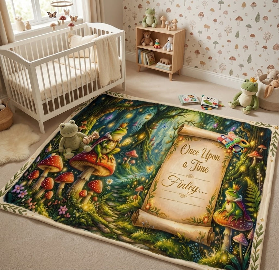 Personalized Enchanted Forest Blanket with Name - Once Upon a Time Frog Prince and Toadstool Fairytale Fleece Throw for Kids and Babies