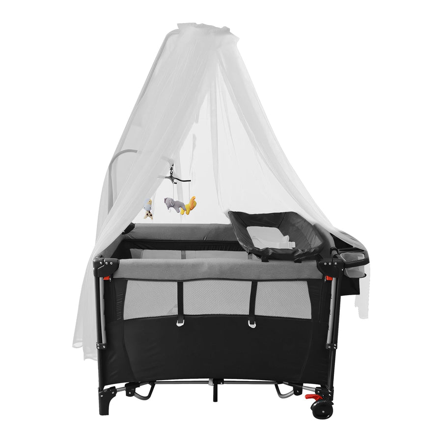 6 In 1 Foldable Baby Crib with Activity Center Diaper Changing Table Mosquito Net Mattress Music Box Toys Storage Tray Baby Bassinet Baby Sleeper
