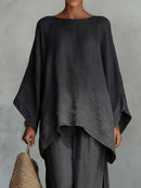 Full Size Round Neck Top and Wide Leg Pants Set Plus Size