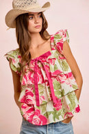 BiBi Floral Print Woven Bow Tie Ruffle Square Neck Top