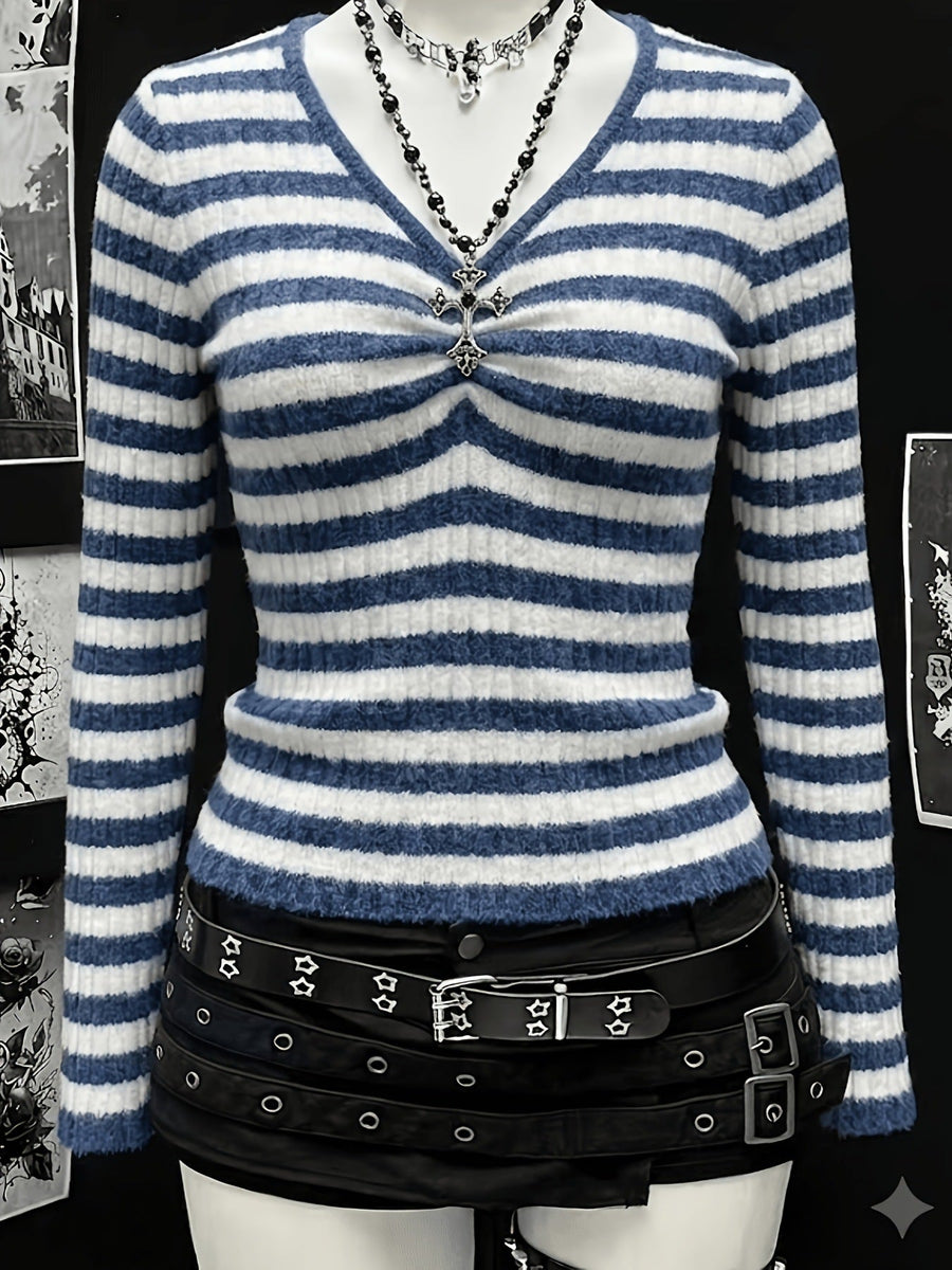 Plus-size Womens Sexy Ribbed V-neck Long-sleeve