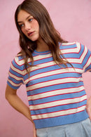 SO ME Stripe Knit Crew Neck Short Sleeves Sweater Top