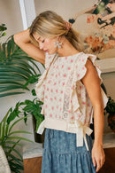 BiBi Flower Printed Ruffle Sleeve Trim Detail Top