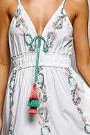 POL Embroidered Detail Tassel Tie Smocked Waist Midi Tiered Cami Dress