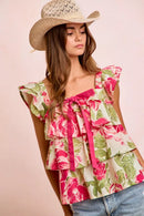BiBi Floral Print Woven Bow Tie Ruffle Square Neck Top